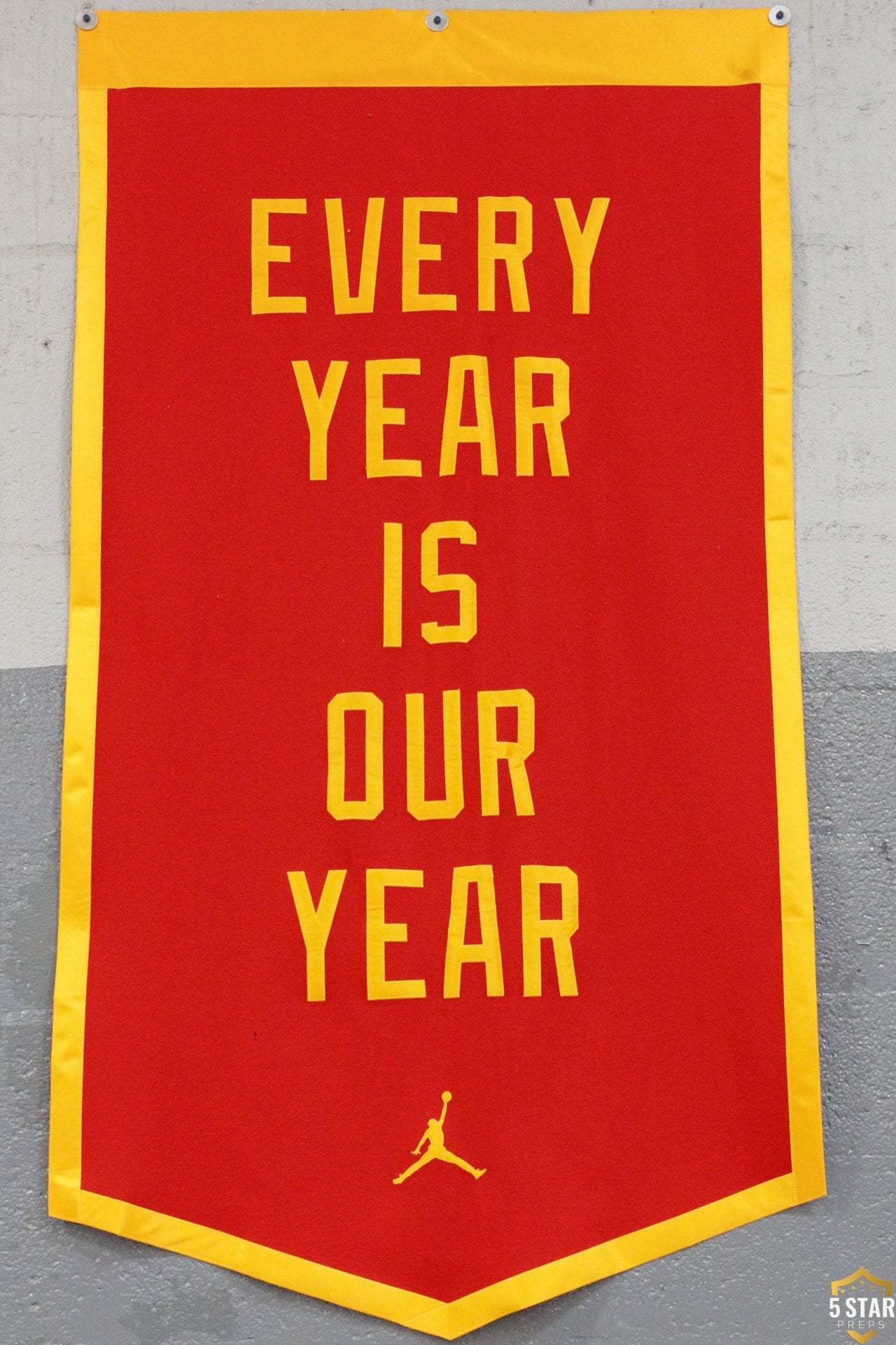 One of the 52 banners that populate the walls at Oak Hill Academy's Turner Gymnasium. (Photo: Danny Parker).